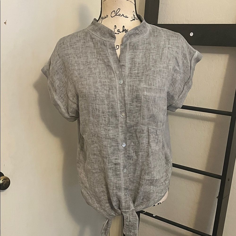 Meo Meli 100% Linen Gray Button-Up Pocket Shirt Lagenlook Minimalist Coastal